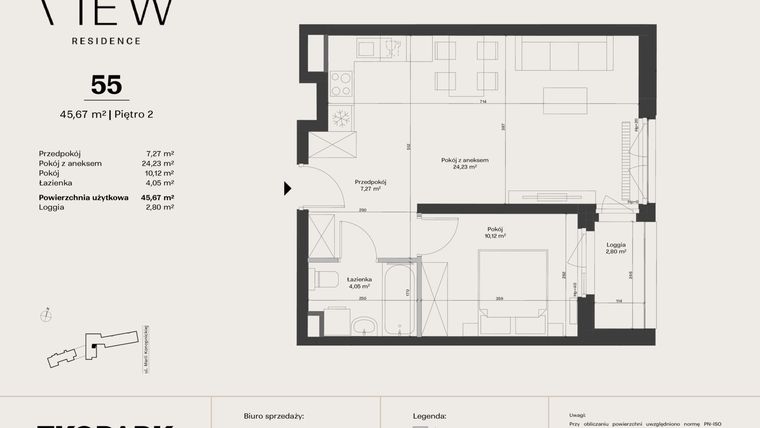 Rzut - Mieszkanie na sprzedaż 2 pokoje o powierzchni 45,67 m² - numer 55 w The View