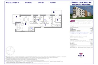 Rzut - Mieszkanie na sprzedaż 3 pokoje o powierzchni 70,13 m² - numer 32 w Osiedle Janowiecka