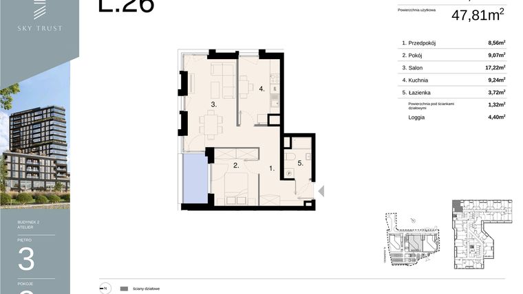 Rzut - Mieszkanie na sprzedaż 2 pokoje o powierzchni 49,13 m² - numer L26 w Sky Trust etap II - apartamenty inwestycyjne 23% VAT PRS