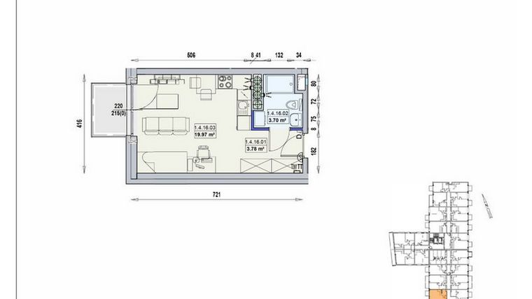 Rzut - Mieszkanie na sprzedaż 1 pokój o powierzchni 27,45 m² - numer 1/4/16/1a w Gwarna