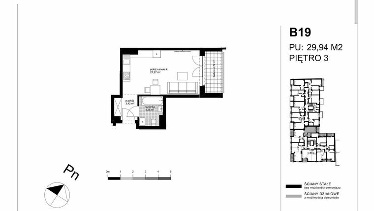 Rzut - Mieszkanie na sprzedaż 1 pokój o powierzchni 29,94 m² - numer B19 w Apartamenty Kopernika - etap II