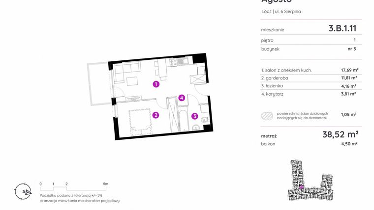 Rzut - Mieszkanie na sprzedaż 1 pokój o powierzchni 38,52 m² - numer 3.B.1.11 w Murapol Agosto