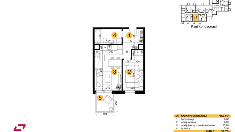 Rzut - Mieszkanie na sprzedaż 2 pokoje o powierzchni 36,7 m² - numer M15 w Punkt Wola