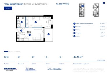 Rzut - Mieszkanie na sprzedaż 2 pokoje o powierzchni 47,45 m² - numer 14B w Przy Bursztynowej