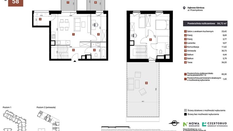 Rzut - Mieszkanie na sprzedaż 3 pokoje o powierzchni 84,72 m² - numer A58 w Nowy Reden