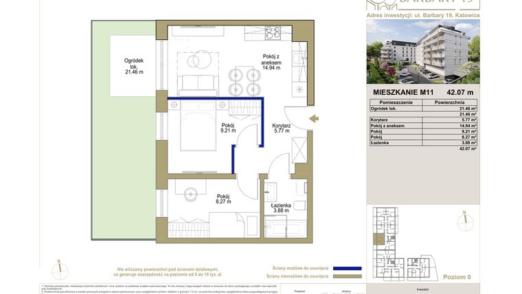 Rzut - Mieszkanie na sprzedaż 2 pokoje o powierzchni 42,07 m² - numer M11 w Barbary 19