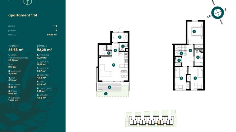 Rzut - Mieszkanie na sprzedaż 4 pokoje o powierzchni 88,96 m² - numer 1.14 w Pine Garden