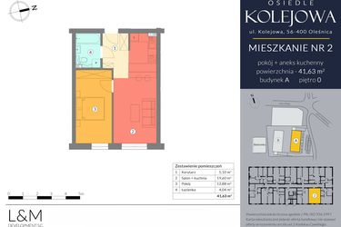 Rzut - Mieszkanie na sprzedaż 2 pokoje o powierzchni 41,63 m² - numer A.2 w Osiedle Kolejowa