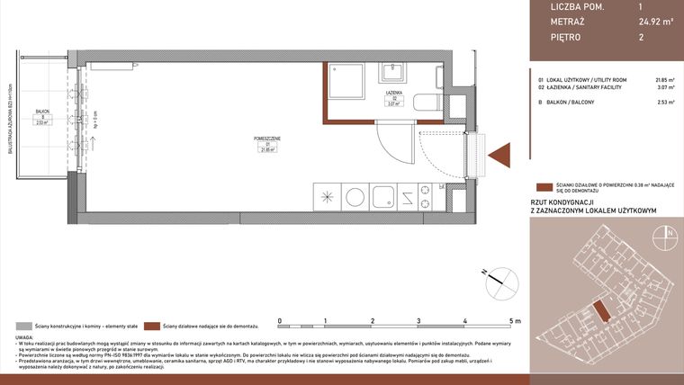 Rzut - Mieszkanie na sprzedaż 1 pokój o powierzchni 24,9 m² - numer B.3.37 w Żurawie - etap II