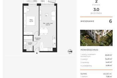 Rzut - Mieszkanie na sprzedaż 2 pokoje o powierzchni 45,33 m² - numer 6 w Bytkowska 3.0