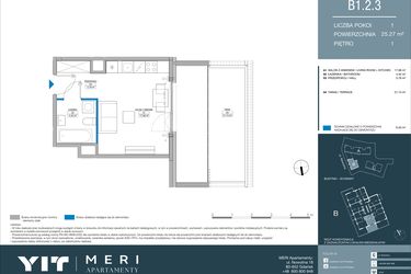 Rzut - Mieszkanie na sprzedaż 1 pokój o powierzchni 25,27 m² - numer B.1.2.3 w Meri Apartamenty