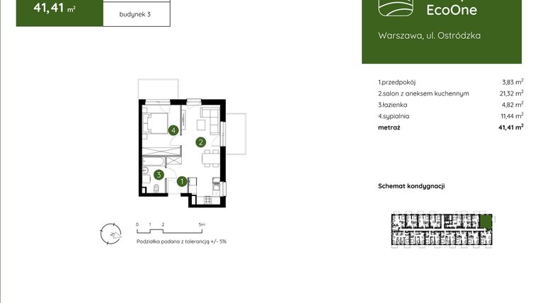 Rzut - Mieszkanie na sprzedaż 2 pokoje o powierzchni 41,41 m² - numer 3.A.1.04 w Murapol EcoOne