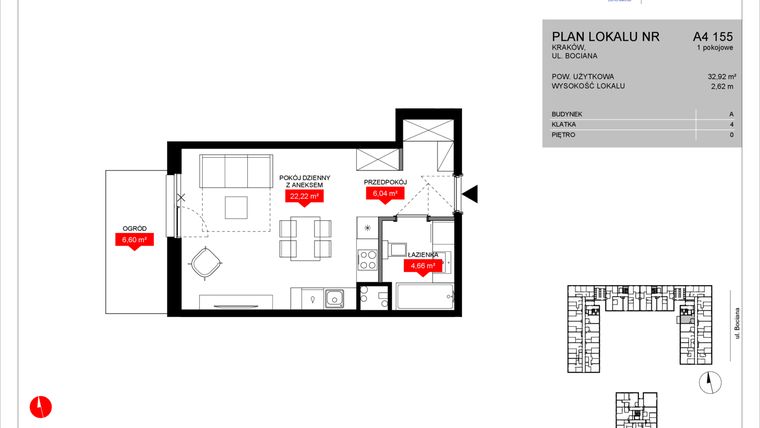 Rzut - Mieszkanie na sprzedaż 1 pokój o powierzchni 32,92 m² - numer A4 155 w Osiedle Bociana 5