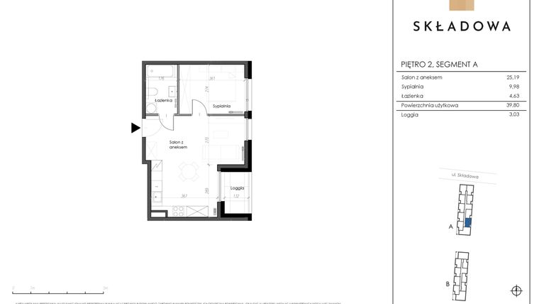 Rzut - Mieszkanie na sprzedaż 2 pokoje o powierzchni 39,8 m² - numer A12 w Apartamenty Składowa