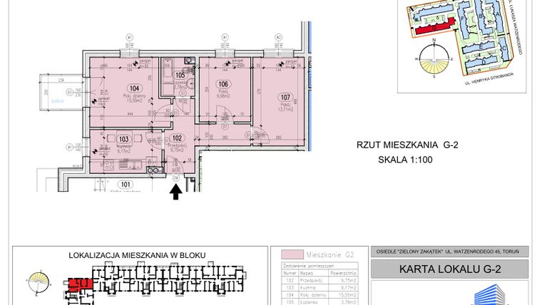 Rzut - Mieszkanie na sprzedaż 3 pokoje o powierzchni 61,94 m² - numer G-2 w Zielony Zakątek - bud. G