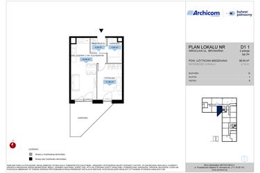 Rzut - Mieszkanie na sprzedaż 2 pokoje o powierzchni 38,54 m² - numer D1.1 w Bulwar Północny