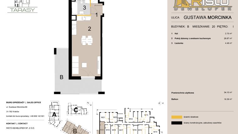 Rzut - Mieszkanie na sprzedaż 1 pokój o powierzchni 34,1 m² - numer B20 w Krzesławickie Tarasy
