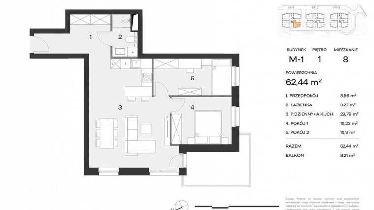 Rzut - Mieszkanie na sprzedaż 3 pokoje o powierzchni 62,44 m² - numer M8 w Nowy Standard