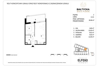 Rzut - Mieszkanie na sprzedaż 2 pokoje o powierzchni 39,06 m² - numer A.2.6 w Bałtycka Sea Park