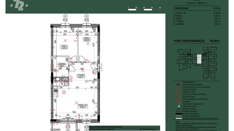 Rzut - Mieszkanie na sprzedaż 3 pokoje o powierzchni 63,08 m² - numer 87 w Wspólnota Mieszkaniowa Gajowa 72
