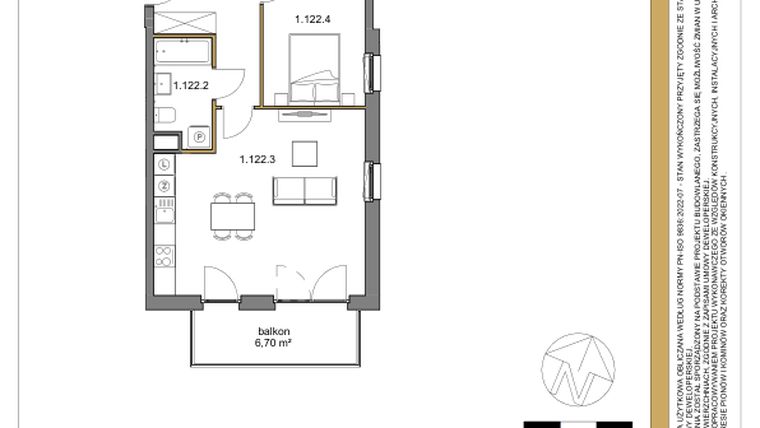 Rzut - Mieszkanie na sprzedaż 2 pokoje o powierzchni 51,83 m² - numer 122 w Osiedle Sfera etap II