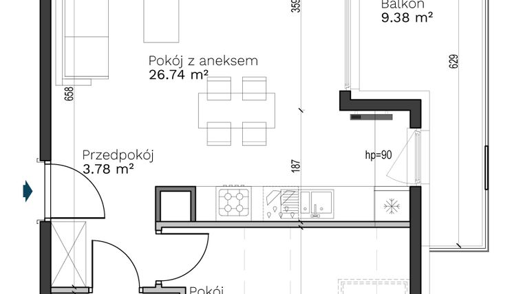 Rzut - Mieszkanie na sprzedaż 2 pokoje o powierzchni 43,6 m² - numer B-23 w Destino