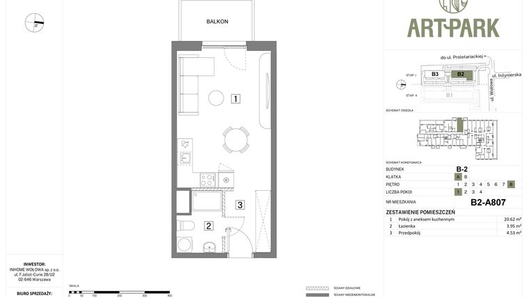 Rzut - Mieszkanie na sprzedaż 1 pokój o powierzchni 29,1 m² - numer B.2.A807 w Inhome Osiedle ArtPark etap I