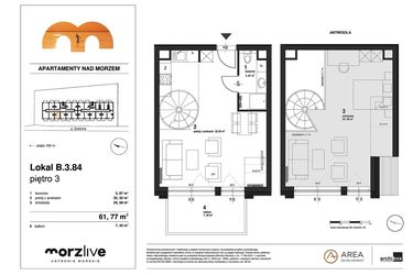 Rzut - Mieszkanie na sprzedaż 3 pokoje o powierzchni 61,77 m² - numer B.3.84 w Morzlive