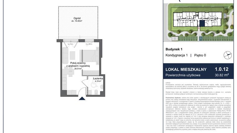 Rzut - Mieszkanie na sprzedaż 1 pokój o powierzchni 30,82 m² - numer 1.0.12 w Rytelska