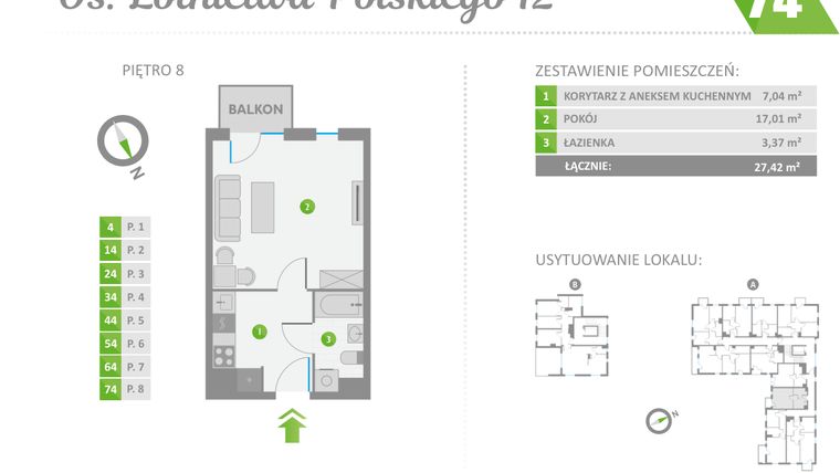 Rzut - Mieszkanie na sprzedaż 1 pokój o powierzchni 27,42 m² - numer 74 w Os. Lotnictwa Polskiego 12