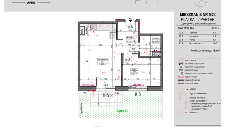 Rzut - Mieszkanie na sprzedaż 2 pokoje o powierzchni 38,8 m² - numer 23 w Antczaka 46