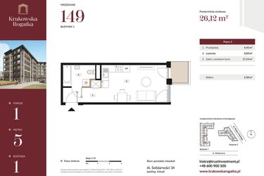 Rzut - Mieszkanie na sprzedaż 1 pokój o powierzchni 26,12 m² - numer 1.M149 w Krakowska Rogatka