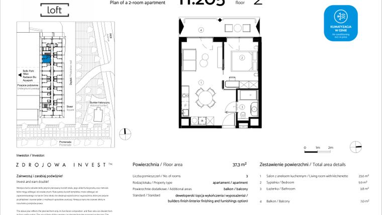 Rzut - Mieszkanie na sprzedaż 2 pokoje o powierzchni 37,3 m² - numer H.205 w Baltic Park Loft