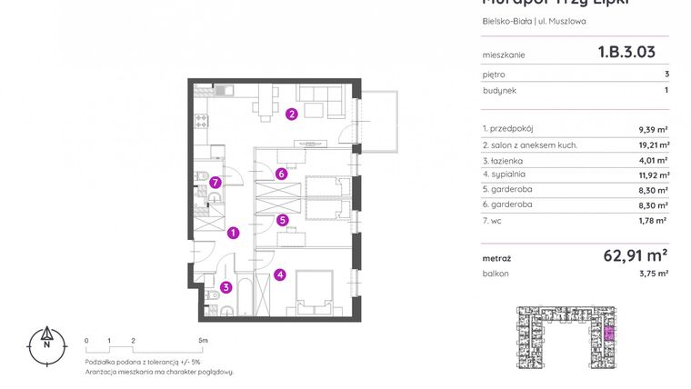 Rzut - Mieszkanie na sprzedaż 2 pokoje o powierzchni 62,91 m² - numer 1.B.3.03 w Murapol Trzy Lipki