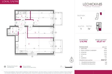 Rzut - Mieszkanie na sprzedaż 3 pokoje o powierzchni 69,67 m² - numer 1/4/M6 w Lechicka 65