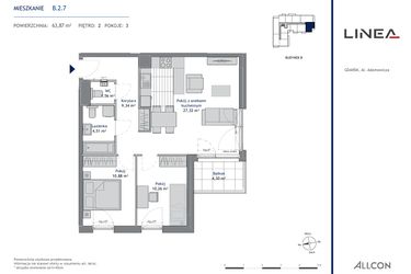 Rzut - Mieszkanie na sprzedaż 3 pokoje o powierzchni 63,87 m² - numer B.2.7 w Linea