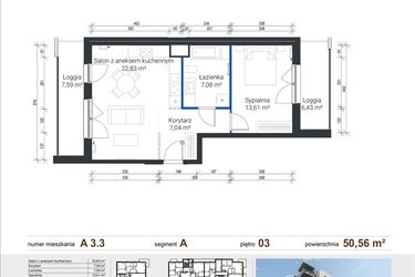 Rzut - Mieszkanie na sprzedaż 2 pokoje o powierzchni 50,56 m² - numer A 3.3 w Nowe Zabłocie