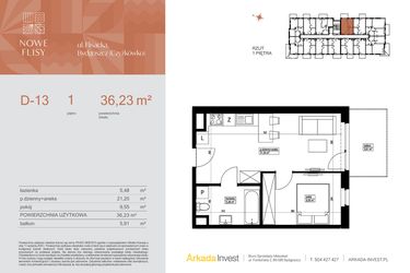 Rzut - Mieszkanie na sprzedaż 2 pokoje o powierzchni 36,23 m² - numer M13_NF.d w Nowe Flisy II