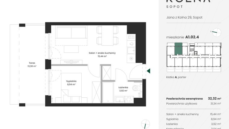 Rzut - Mieszkanie na sprzedaż 2 pokoje o powierzchni 32,32 m² - numer A1.02.4 w Kolna Sopot