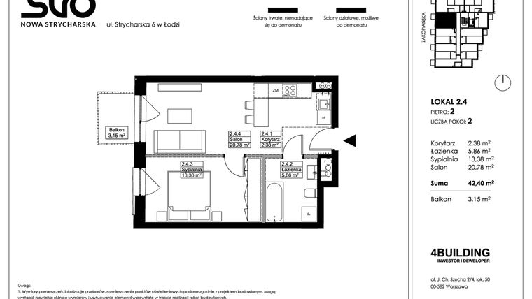 Rzut - Mieszkanie na sprzedaż 2 pokoje o powierzchni 42,4 m² - numer 2.4 w Nowa Strycharska | STR 6
