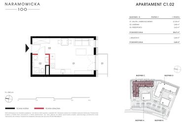 Rzut - Mieszkanie na sprzedaż 1 pokój o powierzchni 28,47 m² - numer C 1.02 w Naramowicka 100