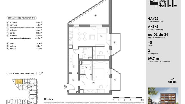 Rzut - Mieszkanie na sprzedaż 2 pokoje o powierzchni 69,62 m² - numer A/3/5 w Osiedle Mateckiego 4ALL