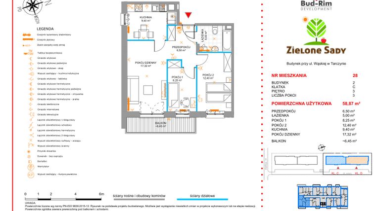 Rzut - Mieszkanie na sprzedaż 3 pokoje o powierzchni 58,87 m² - numer 28 w Zielone Sady etap II