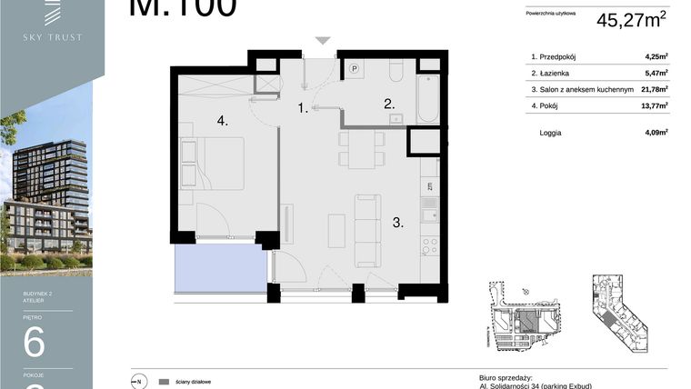 Rzut - Mieszkanie na sprzedaż 2 pokoje o powierzchni 45,27 m² - numer M100 w Sky Trust etap II