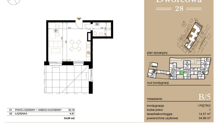 Rzut - Mieszkanie na sprzedaż 1 pokój o powierzchni 35,29 m² - numer B5 w Dworcowa 28