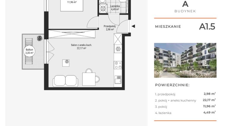 Rzut - Mieszkanie na sprzedaż 2 pokoje o powierzchni 41,58 m² - numer A1.5 w Enklawa Bukowa