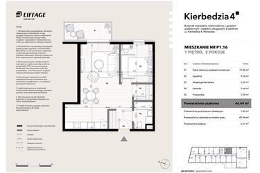 Rzut - Mieszkanie na sprzedaż 2 pokoje o powierzchni 46,49 m² - numer P1.16 w Kierbedzia 4