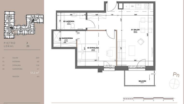 Rzut - Mieszkanie na sprzedaż 2 pokoje o powierzchni 50,89 m² - numer 23 w BETWEEN