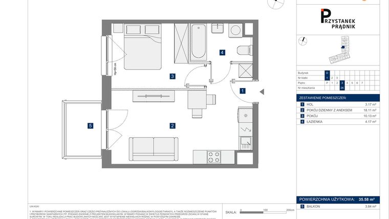Rzut - Mieszkanie na sprzedaż 2 pokoje o powierzchni 35,58 m² - numer 26 w Przystanek Prądnik