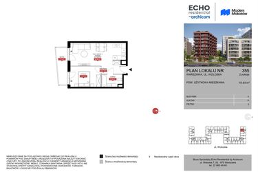 Rzut - Mieszkanie na sprzedaż 2 pokoje o powierzchni 43,83 m² - numer A.355 w Modern Mokotów